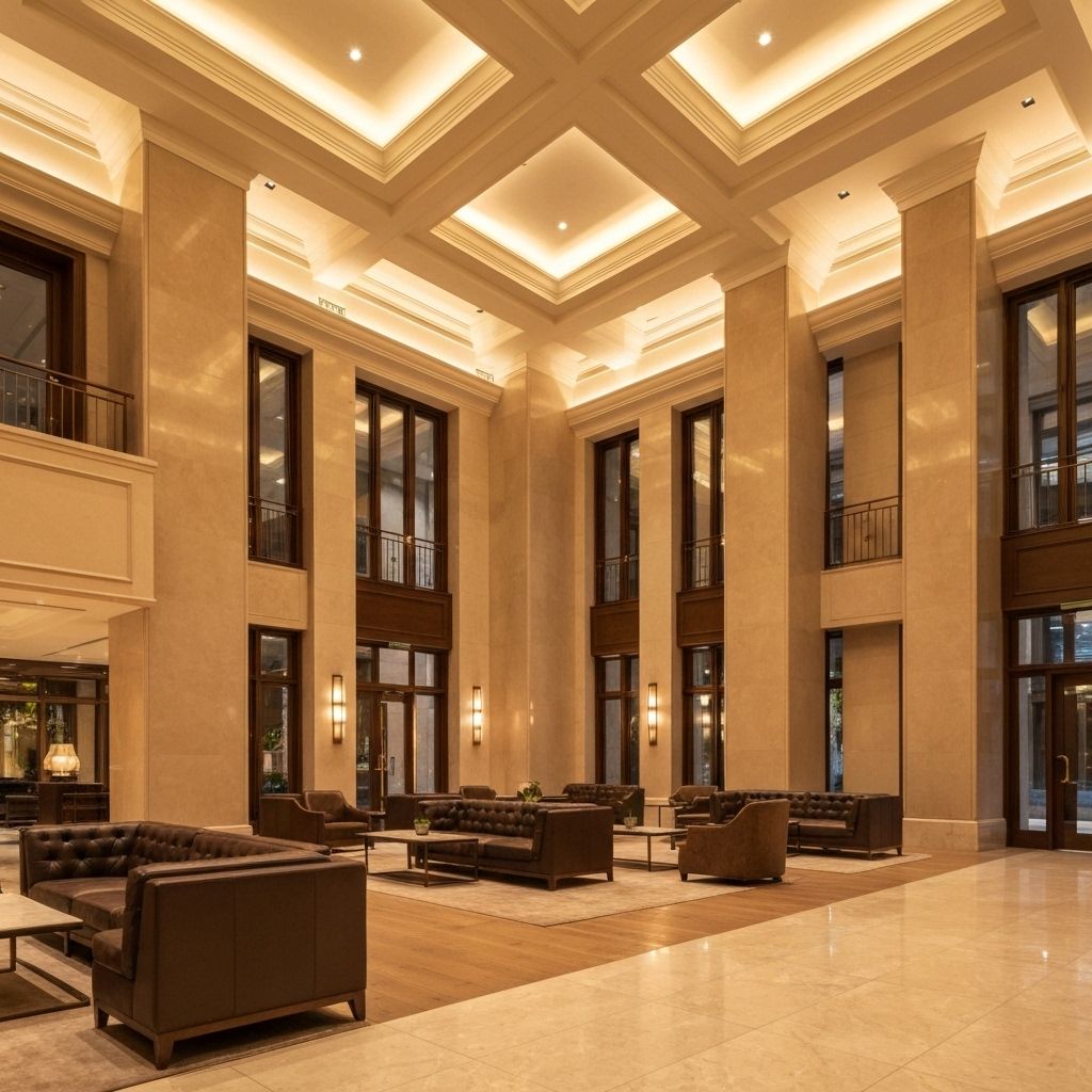 Lobby and reception with warm lighting